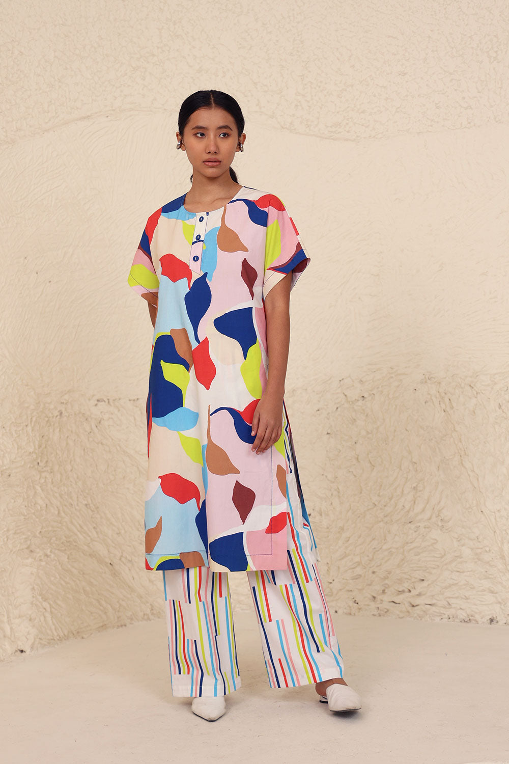 Multicolor Cotton Poplin Co-ord Set by Kanelle with Cotton Poplin, Evening Wear, Leafy Pattern, Made from Natural Materials, Multicolor, One by One by Kanelle, Regular Fit, Vacation Co-ords at Kamakhyaa for sustainable fashion