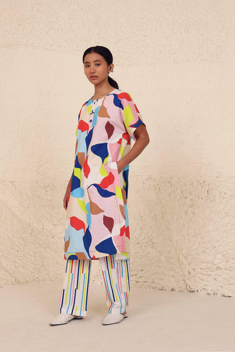 Multicolor Cotton Poplin Co-ord Set by Kanelle with Cotton Poplin, Evening Wear, Leafy Pattern, Made from Natural Materials, Multicolor, One by One by Kanelle, Regular Fit, Vacation Co-ords at Kamakhyaa for sustainable fashion