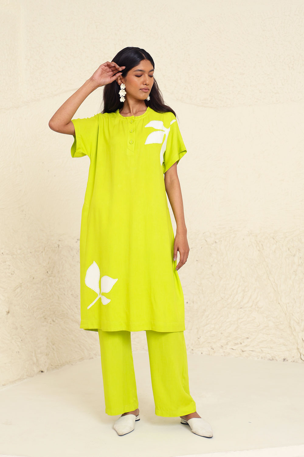 Lime Cotton Poplin Solid Co-ord Set by Kanelle with Cotton Poplin, Evening Wear, Floral, Green, Lime, Made from Natural Materials, One by One by Kanelle, Regular Fit, Vacation Co-ords at Kamakhyaa for sustainable fashion