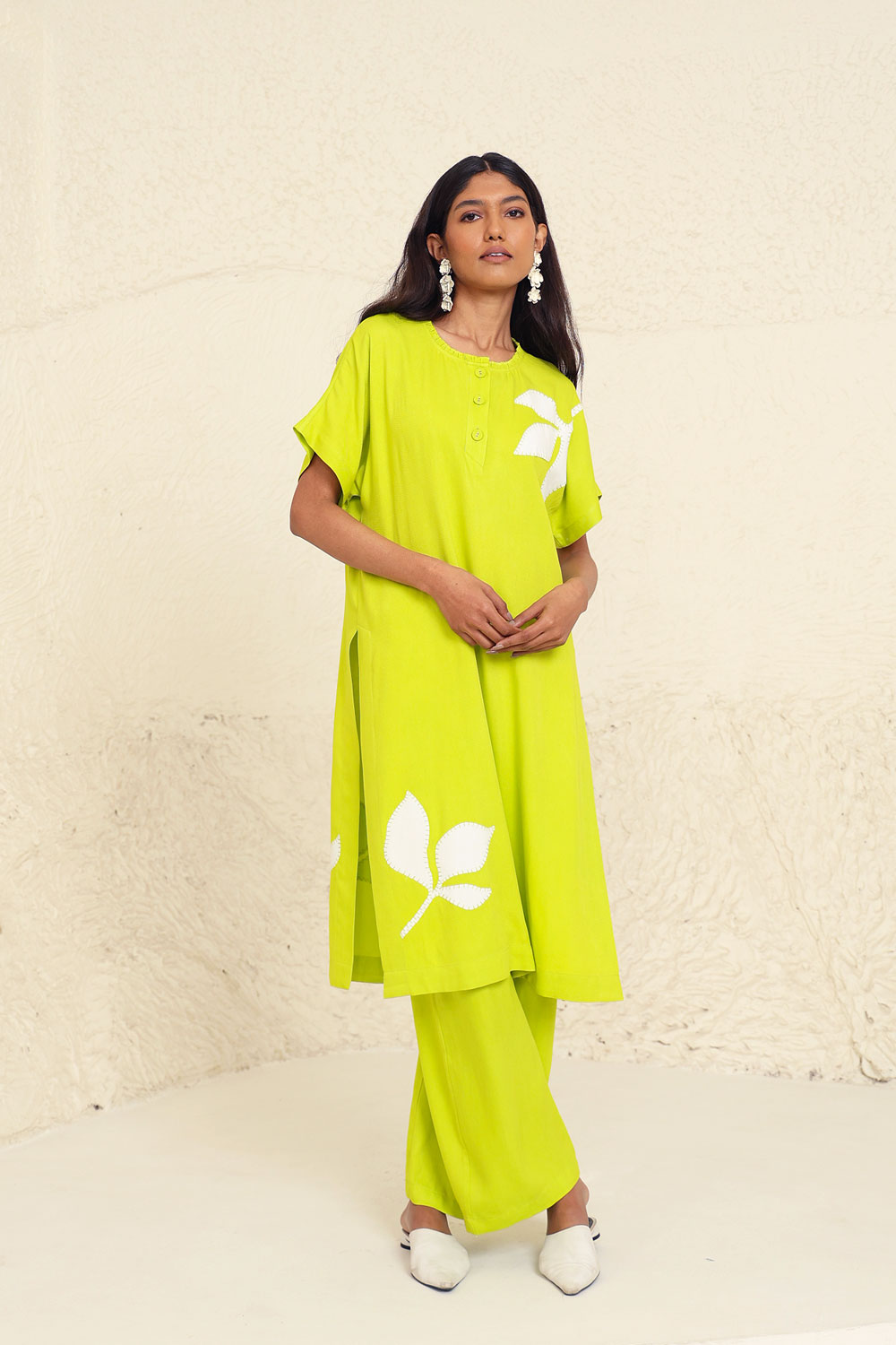 Lime Cotton Poplin Solid Co-ord Set by Kanelle with Cotton Poplin, Evening Wear, Floral, Green, Lime, Made from Natural Materials, One by One by Kanelle, Regular Fit, Vacation Co-ords at Kamakhyaa for sustainable fashion