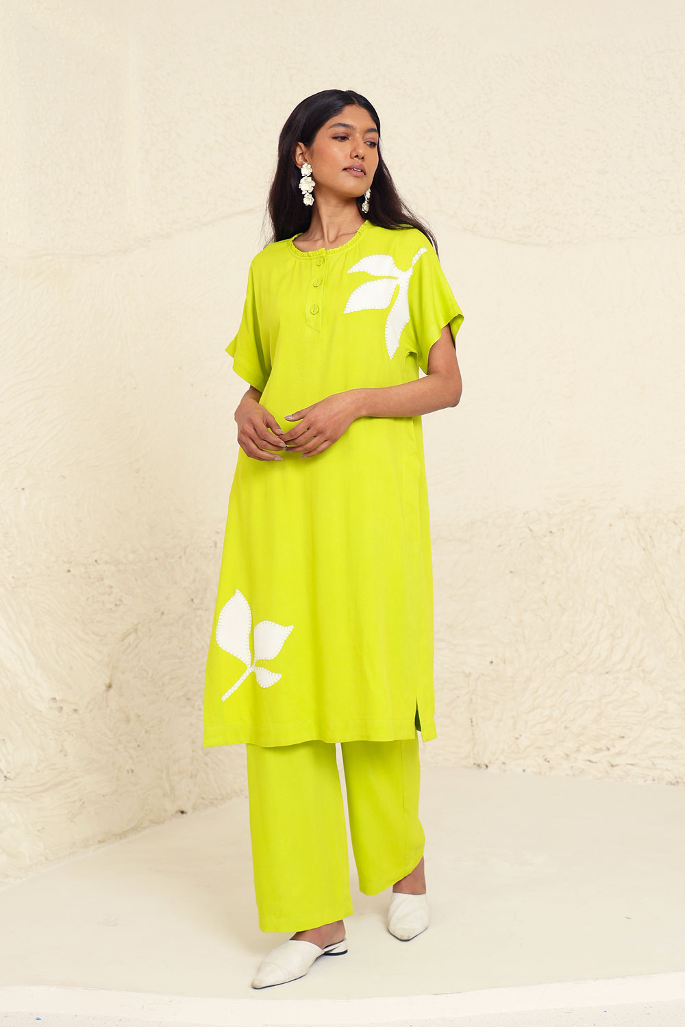 Lime Cotton Poplin Solid Co-ord Set by Kanelle with Cotton Poplin, Evening Wear, Floral, Green, Lime, Made from Natural Materials, One by One by Kanelle, Regular Fit, Vacation Co-ords at Kamakhyaa for sustainable fashion