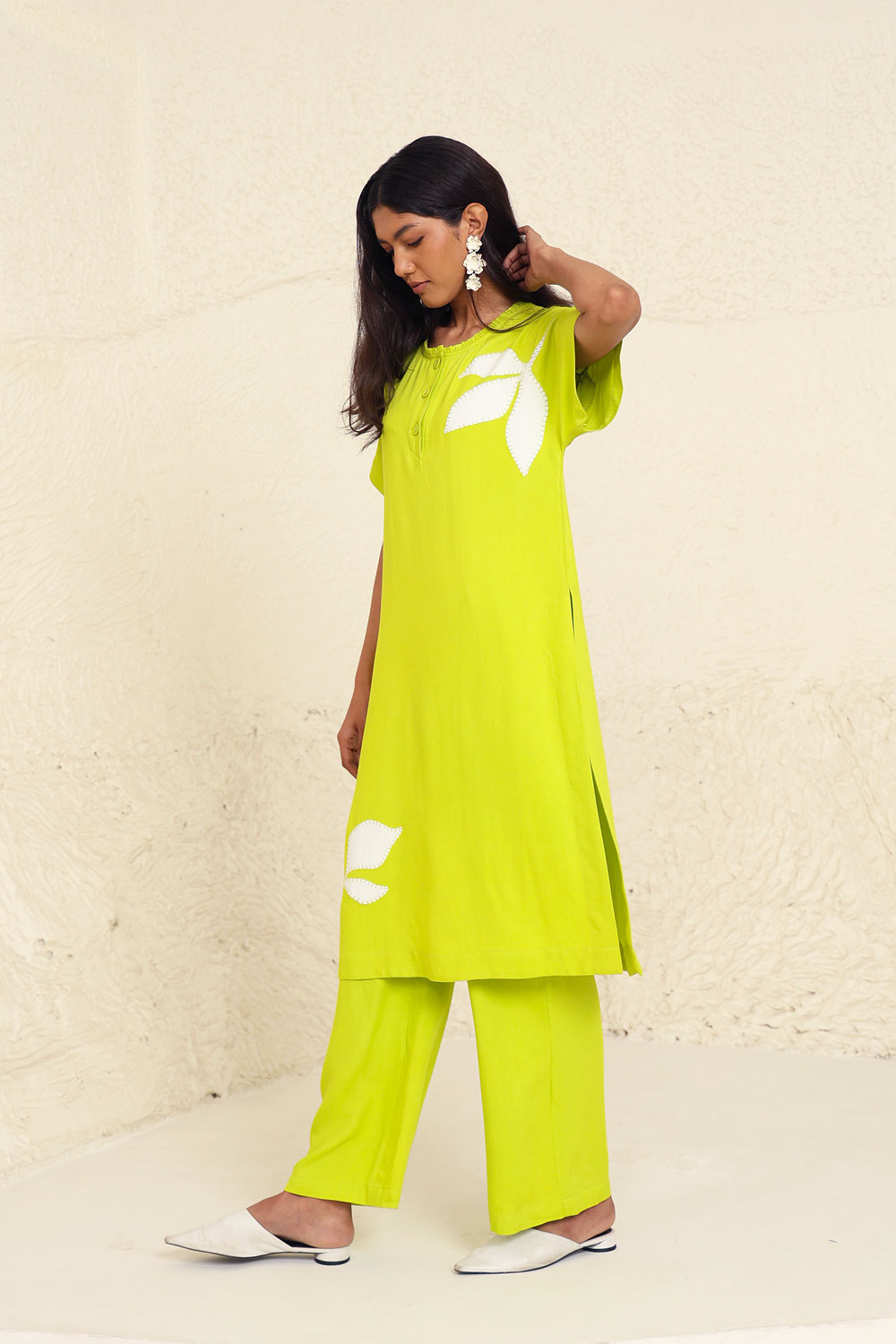 Lime Cotton Poplin Solid Co-ord Set by Kanelle with Cotton Poplin, Evening Wear, Floral, Green, Lime, Made from Natural Materials, One by One by Kanelle, Regular Fit, Vacation Co-ords at Kamakhyaa for sustainable fashion