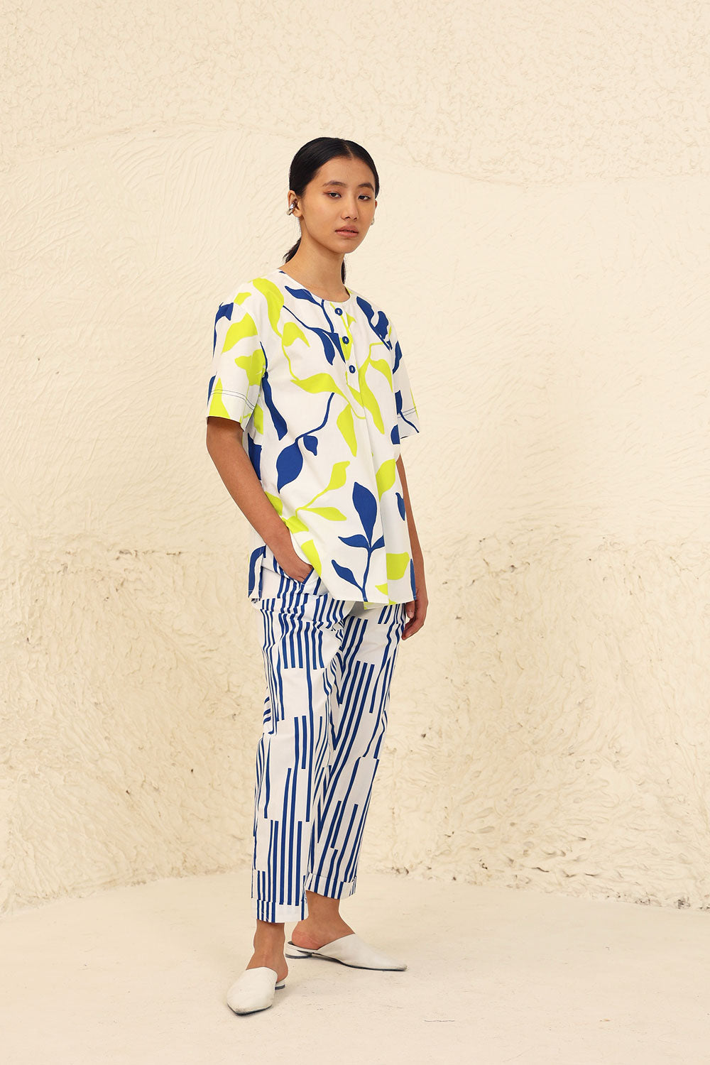 Leaf Print Cotton Co-ord Set by Kanelle with Blue, Cotton Poplin, Evening Wear, Leafy Pattern, Lime, Made from Natural Materials, Multicolor, One by One by Kanelle, Regular Fit, Vacation Co-ords at Kamakhyaa for sustainable fashion