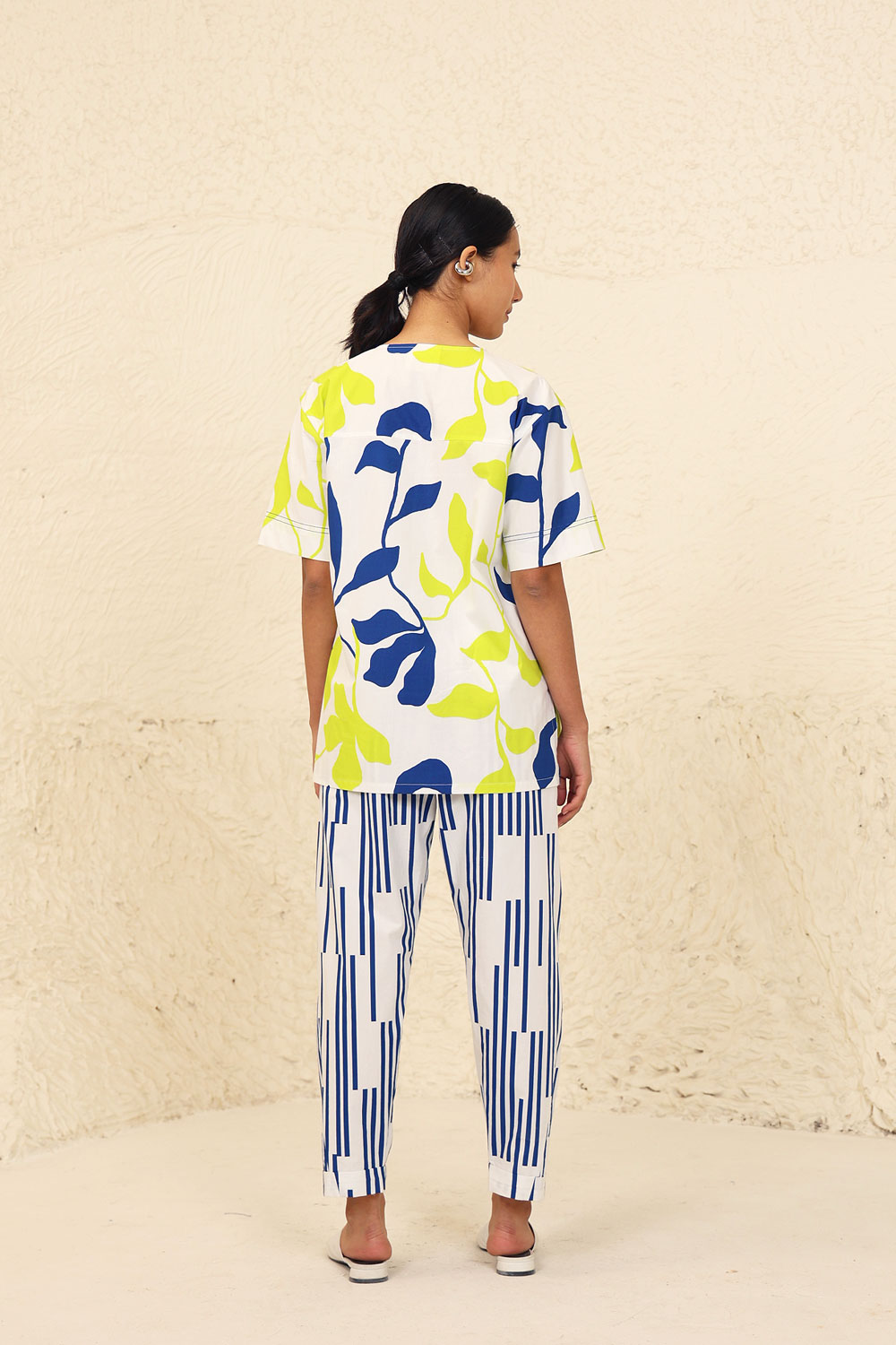 Leaf Print Cotton Co-ord Set by Kanelle with Blue, Cotton Poplin, Evening Wear, Leafy Pattern, Lime, Made from Natural Materials, Multicolor, One by One by Kanelle, Regular Fit, Vacation Co-ords at Kamakhyaa for sustainable fashion