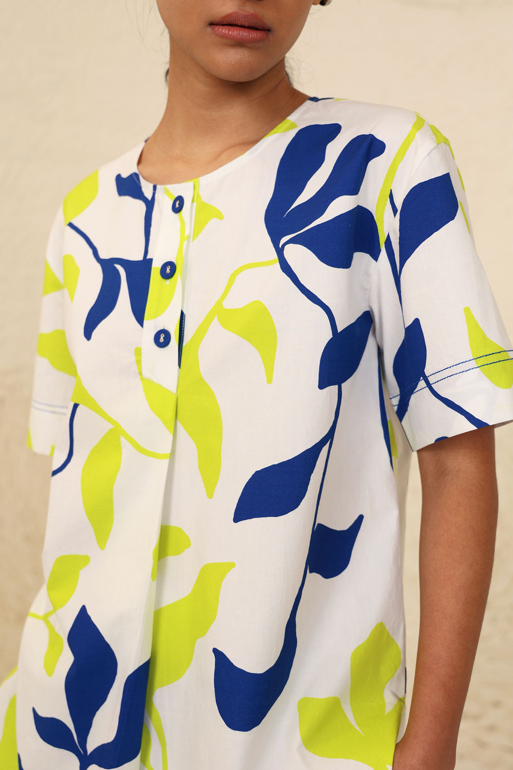 Leaf Print Cotton Co-ord Set by Kanelle with Blue, Cotton Poplin, Evening Wear, Leafy Pattern, Lime, Made from Natural Materials, Multicolor, One by One by Kanelle, Regular Fit, Vacation Co-ords at Kamakhyaa for sustainable fashion