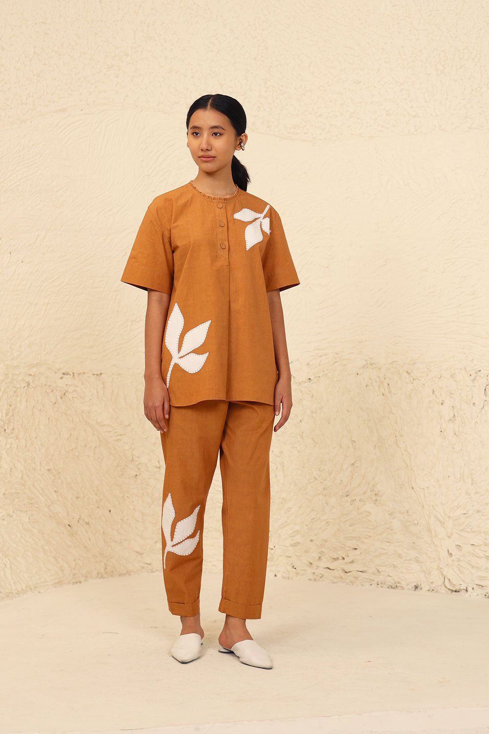 Orange Cotton Solid Co-ord Set by Kanelle with Cotton Poplin, Evening Wear, Floral, Made from Natural Materials, One by One by Kanelle, Orange, Regular Fit, Travel Co-ords at Kamakhyaa for sustainable fashion