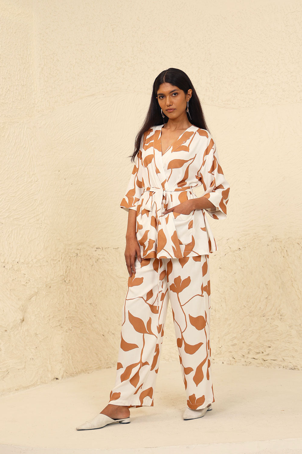 Beige Tencel Twill Printed Co-ord Set by Kanelle with Beige, Evening Wear, Leafy Pattern, Made from Natural Materials, One by One by Kanelle, Regular Fit, Tencel Twill, Vacation Co-ords at Kamakhyaa for sustainable fashion