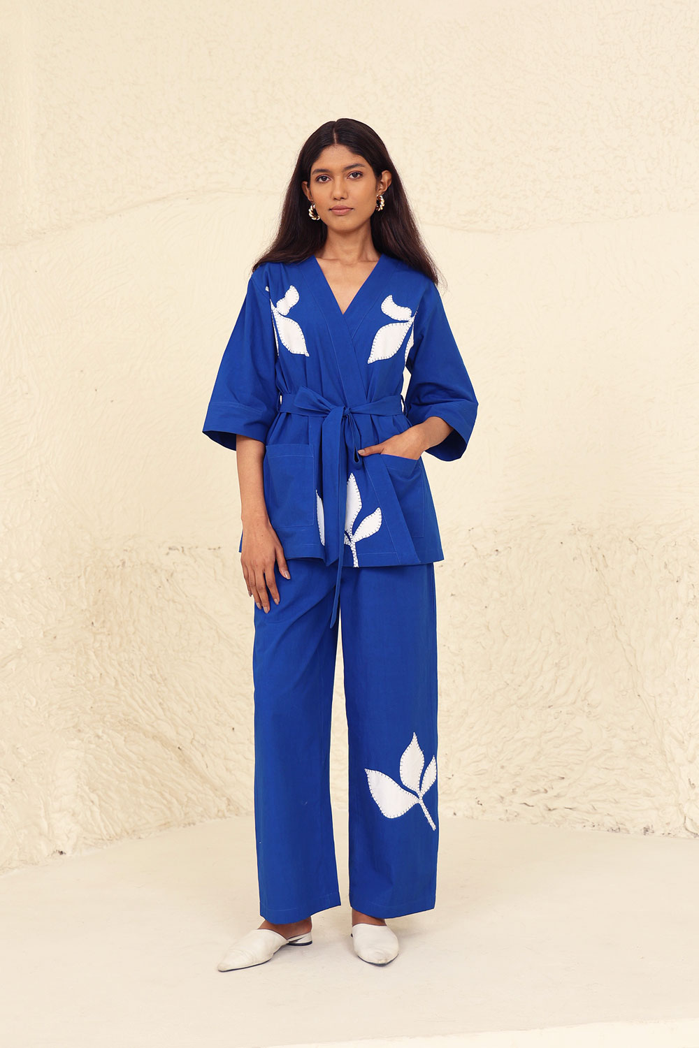 Blue Cotton Solid Evening Wear Co-ord Set by Kanelle with Blue, Cotton Poplin, Evening Wear, Floral, Made from Natural Materials, One by One by Kanelle, Regular Fit, Travel Co-ords at Kamakhyaa for sustainable fashion