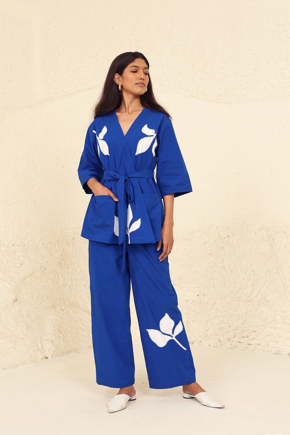 Blue Cotton Solid Evening Wear Co-ord Set by Kanelle with Blue, Cotton Poplin, Evening Wear, Floral, Made from Natural Materials, One by One by Kanelle, Regular Fit, Travel Co-ords at Kamakhyaa for sustainable fashion
