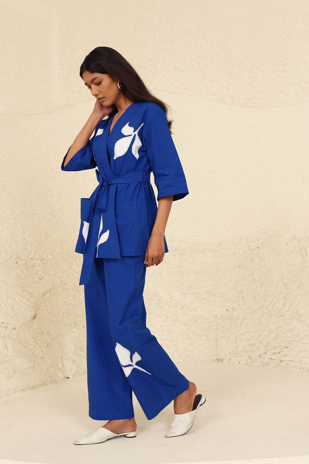 Blue Cotton Solid Evening Wear Co-ord Set by Kanelle with Blue, Cotton Poplin, Evening Wear, Floral, Made from Natural Materials, One by One by Kanelle, Regular Fit, Travel Co-ords at Kamakhyaa for sustainable fashion