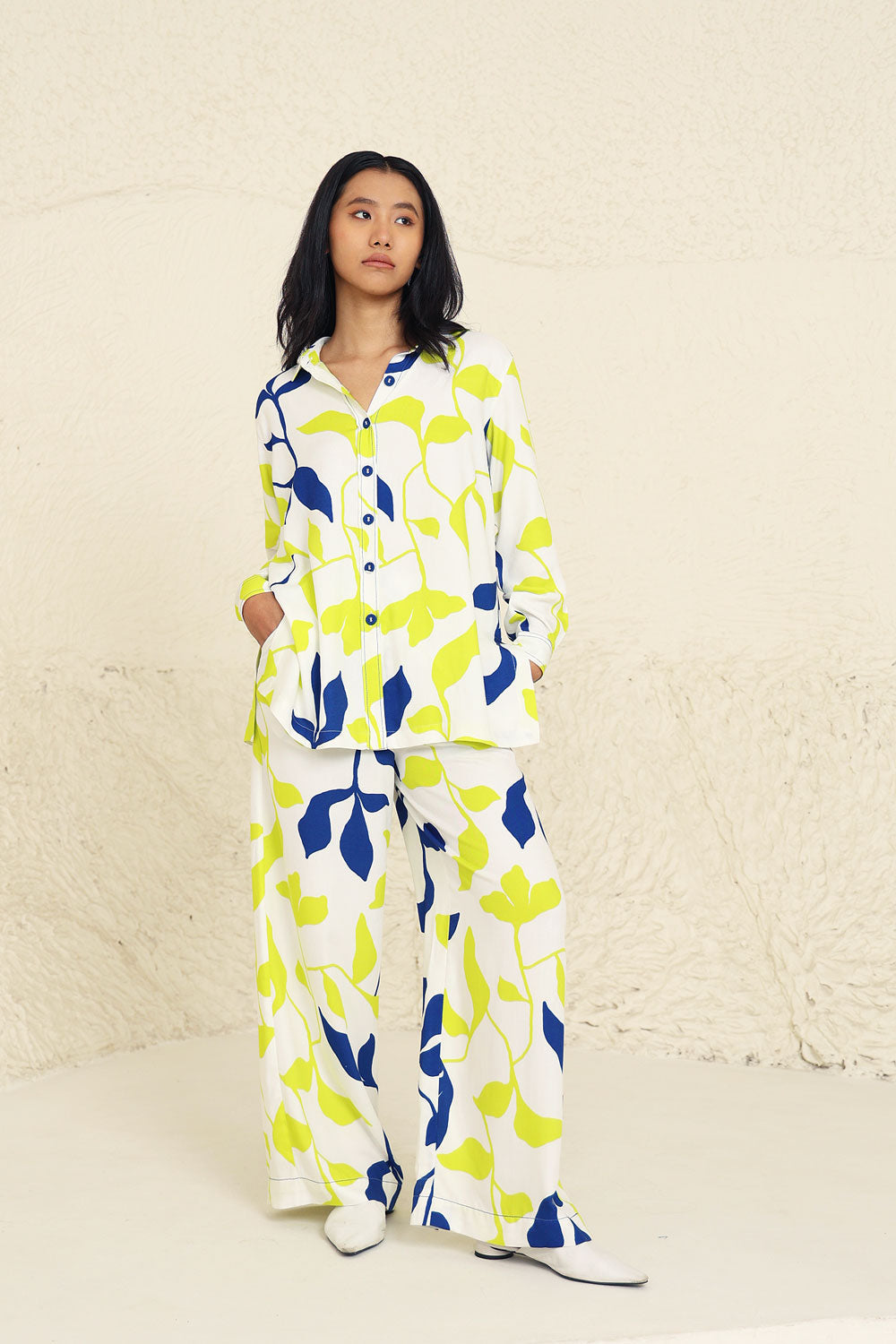 Lime and Blue Leaf Print Co-ord Set by Kanelle with Blue, Evening Wear, Leafy Pattern, Lime, Made from Natural Materials, Multicolor, One by One by Kanelle, Regular Fit, Tencel Twill, Vacation Co-ords at Kamakhyaa for sustainable fashion