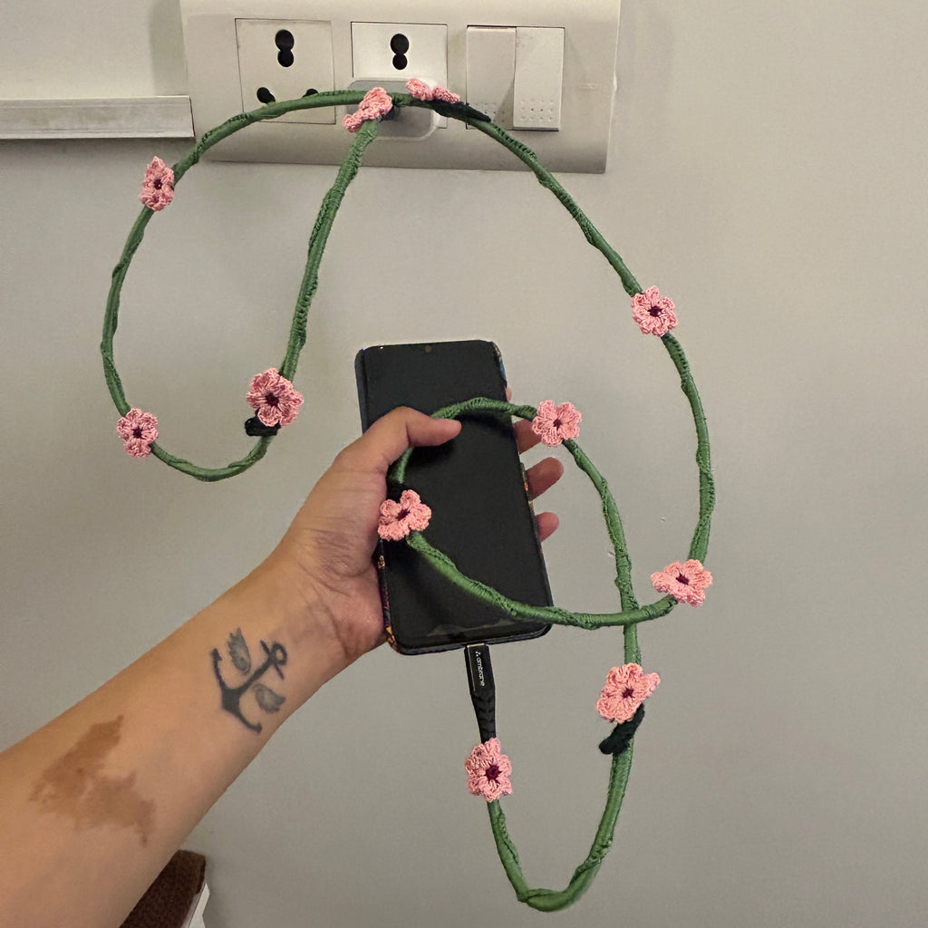 Pink Daisy Crochet Charging Cord C-C Cable by Ikriit'm with at Kamakhyaa for sustainable fashion