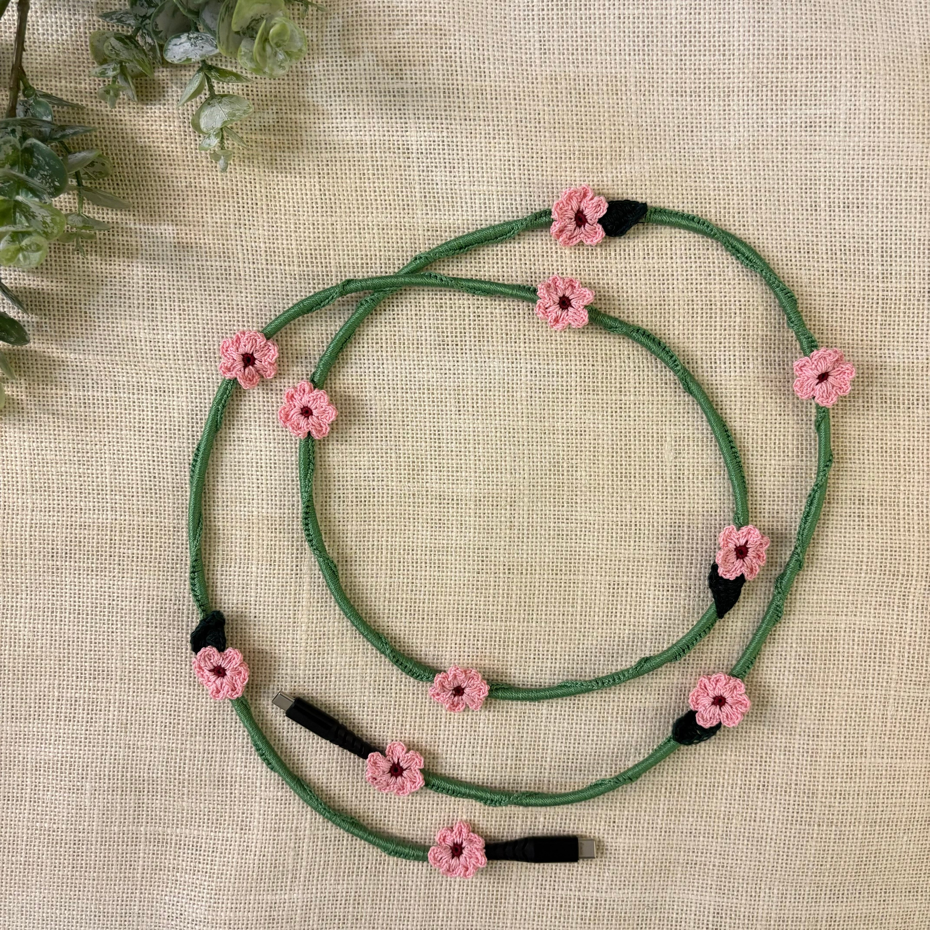 Pink Daisy Crochet Charging Cord C-C Cable by Ikriit'm with at Kamakhyaa for sustainable fashion