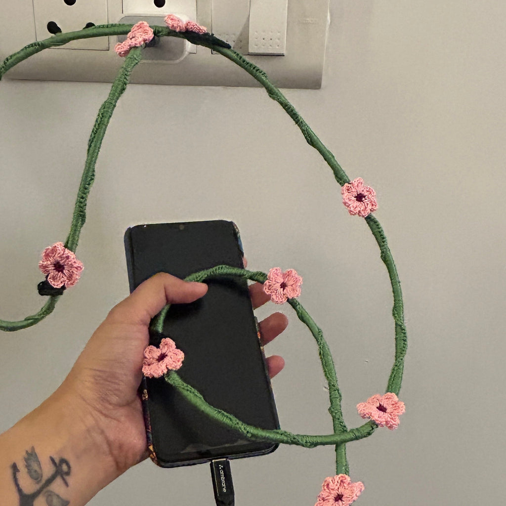 Pink Daisy Crochet Charging Cord C-C Cable by Ikriit'm with at Kamakhyaa for sustainable fashion