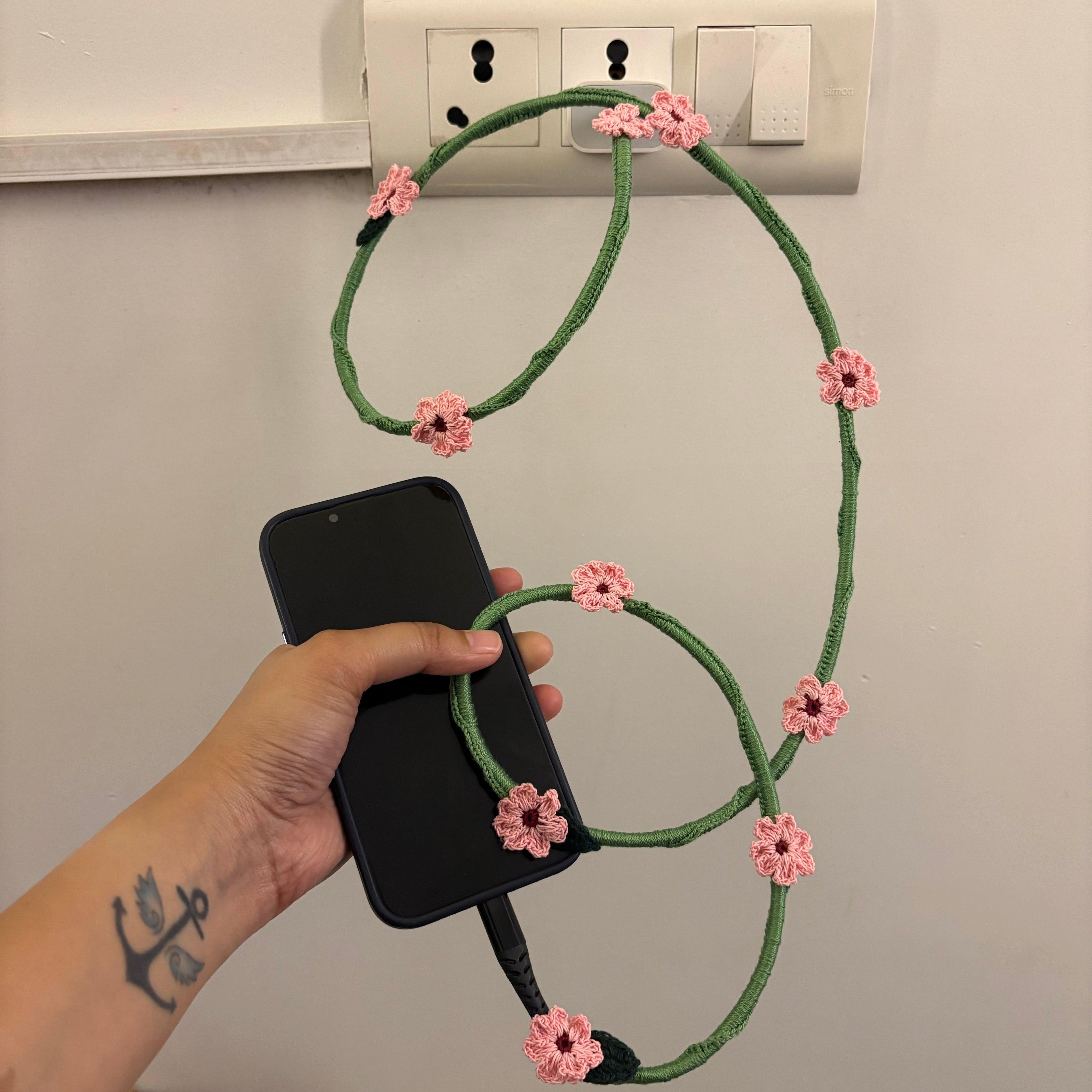 Pink Daisy Crochet Charging Cord C-Lightening Cable by Ikriit'm with at Kamakhyaa for sustainable fashion