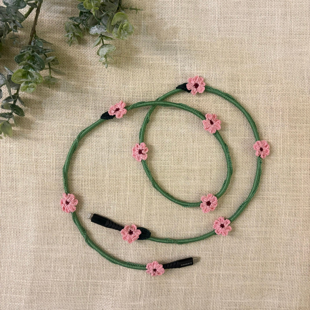 Pink Daisy Crochet Charging Cord C-Lightening Cable by Ikriit'm with at Kamakhyaa for sustainable fashion