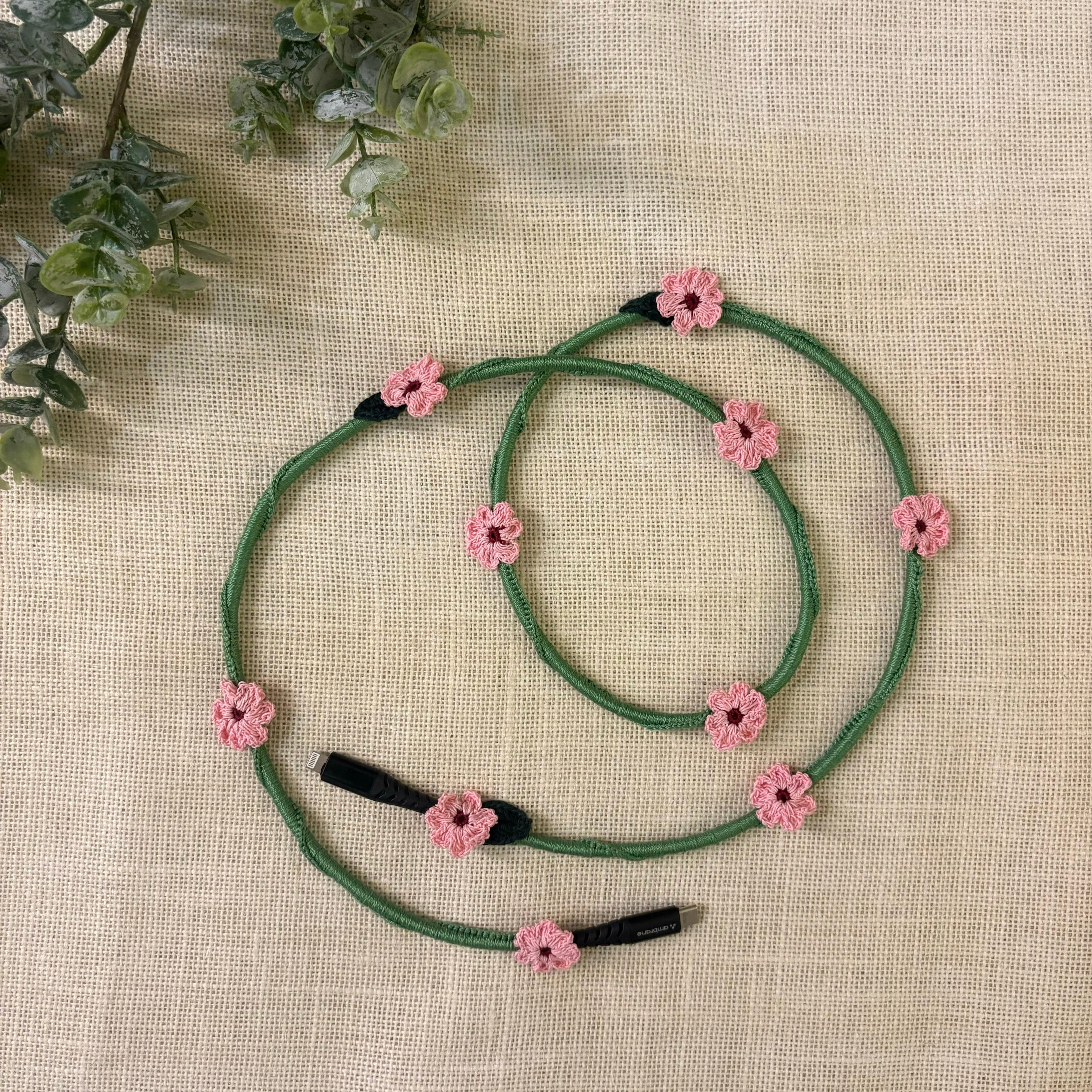 Pink Daisy Crochet Charging Cord C-Lightening Cable by Ikriit'm with at Kamakhyaa for sustainable fashion