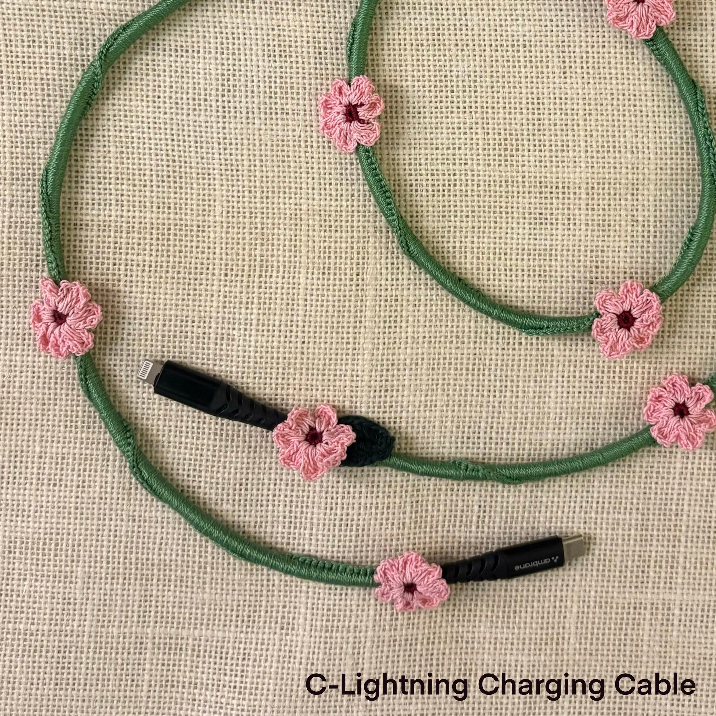 Pink Daisy Crochet Charging Cord C-Lightening Cable by Ikriit'm with at Kamakhyaa for sustainable fashion