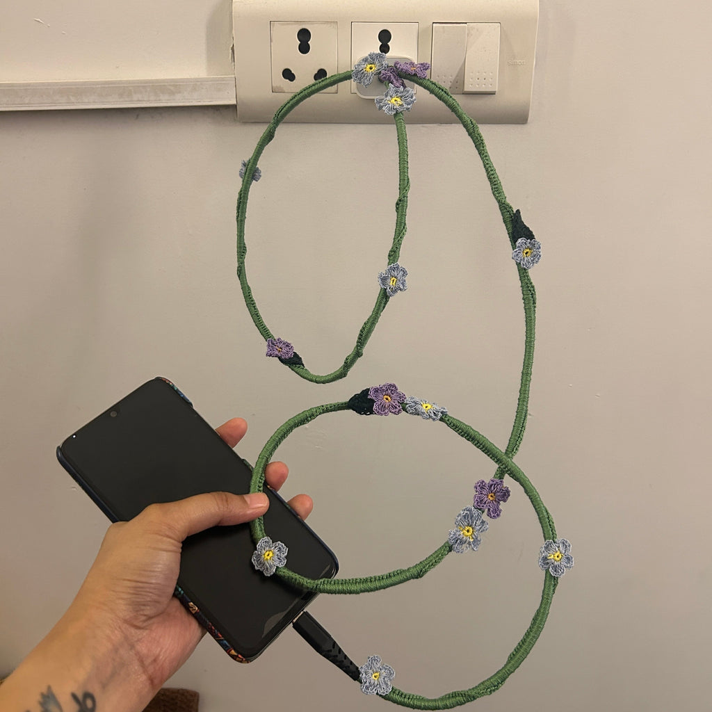 Blue Daisy Crochet Charging Cord C-C Cable by Ikriit'm with at Kamakhyaa for sustainable fashion