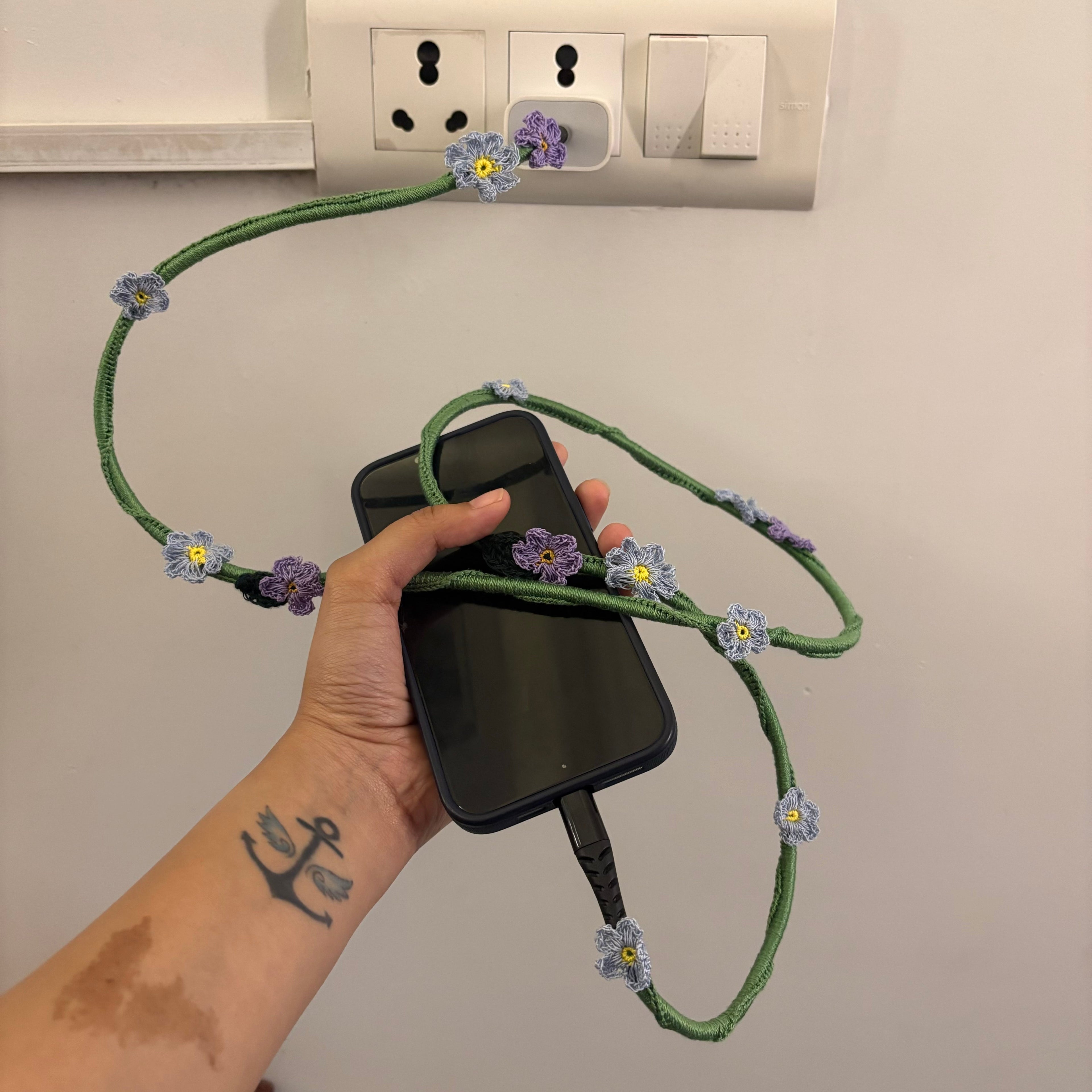 Blue Daisy Crochet Charging Cord C-Lightening Cable by Ikriit'm with at Kamakhyaa for sustainable fashion