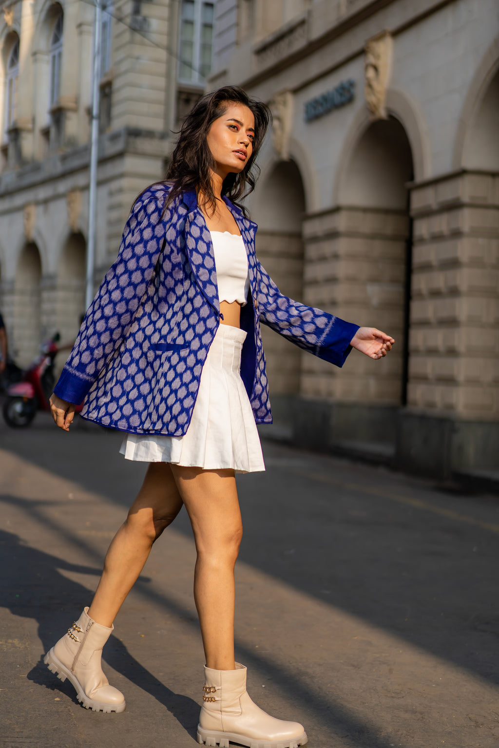 Royal Blue Work Wear Ikat Blazer by Krushnachuda with Blue, Handloom Cotton, Ikat Print, Jackets, Natural Dye, Organic, Regular Fit, Work Wear at Kamakhyaa for sustainable fashion