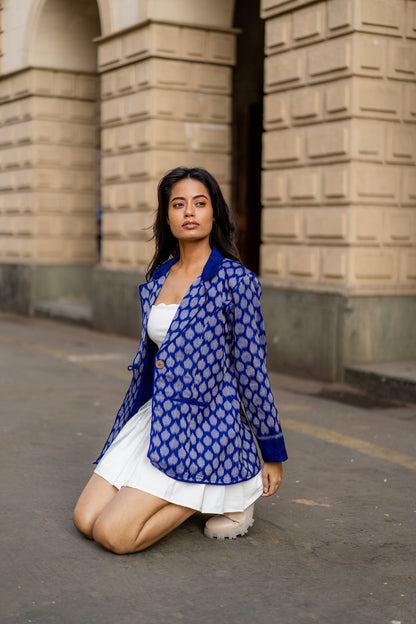 Royal Blue Work Wear Ikat Blazer by Krushnachuda with Blue, Handloom Cotton, Ikat Print, Jackets, Natural Dye, Organic, Regular Fit, Work Wear at Kamakhyaa for sustainable fashion