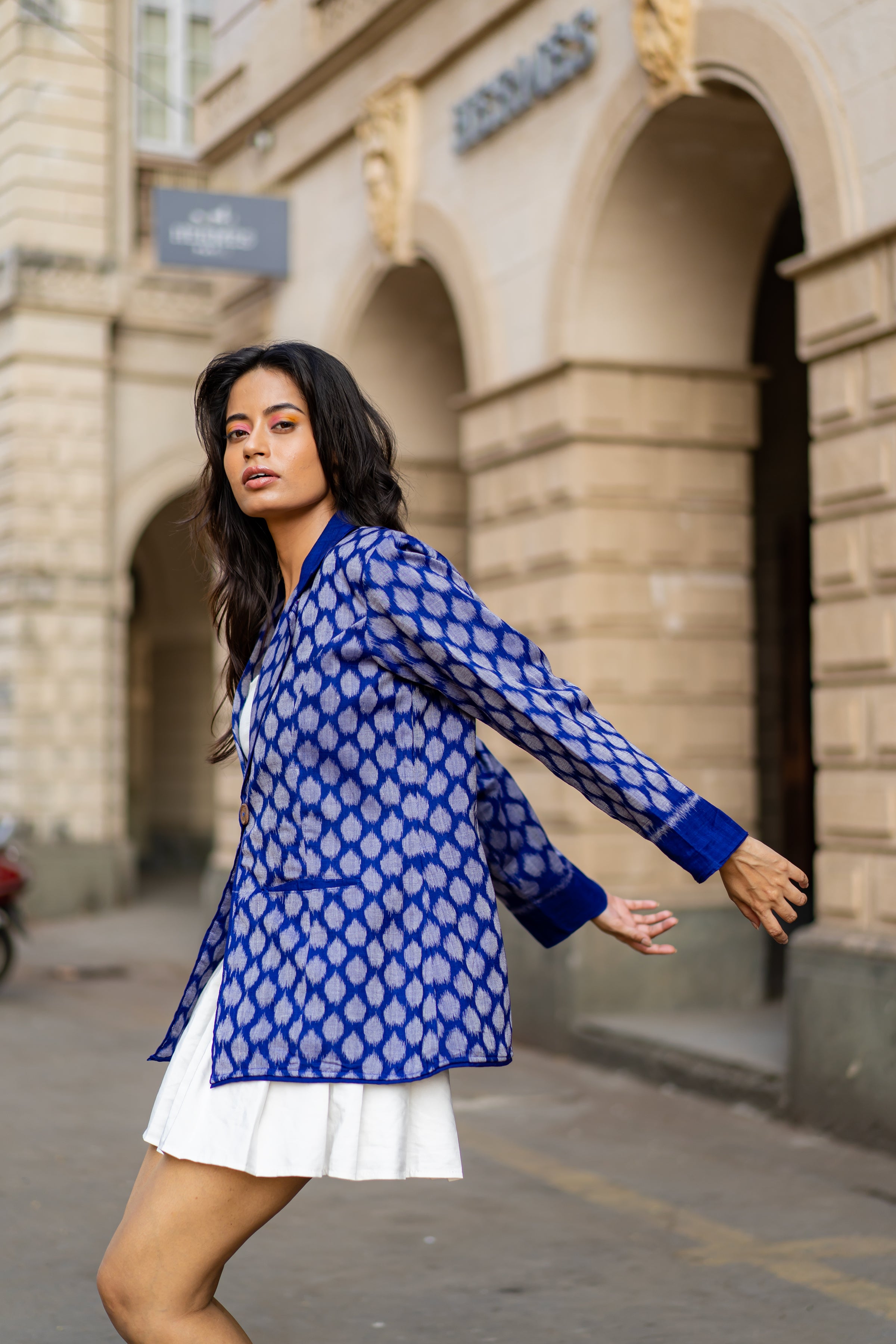 Royal Blue Work Wear Ikat Blazer by Krushnachuda with Blue, Handloom Cotton, Ikat Print, Jackets, Natural Dye, Organic, Regular Fit, Work Wear at Kamakhyaa for sustainable fashion
