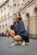 Black Work Wear Contrast Collared Blazer by Krushnachuda with Black, Handloom Cotton, Ikat Print, Jackets, Natural Dye, Organic, Regular Fit, Work Wear at Kamakhyaa for sustainable fashion