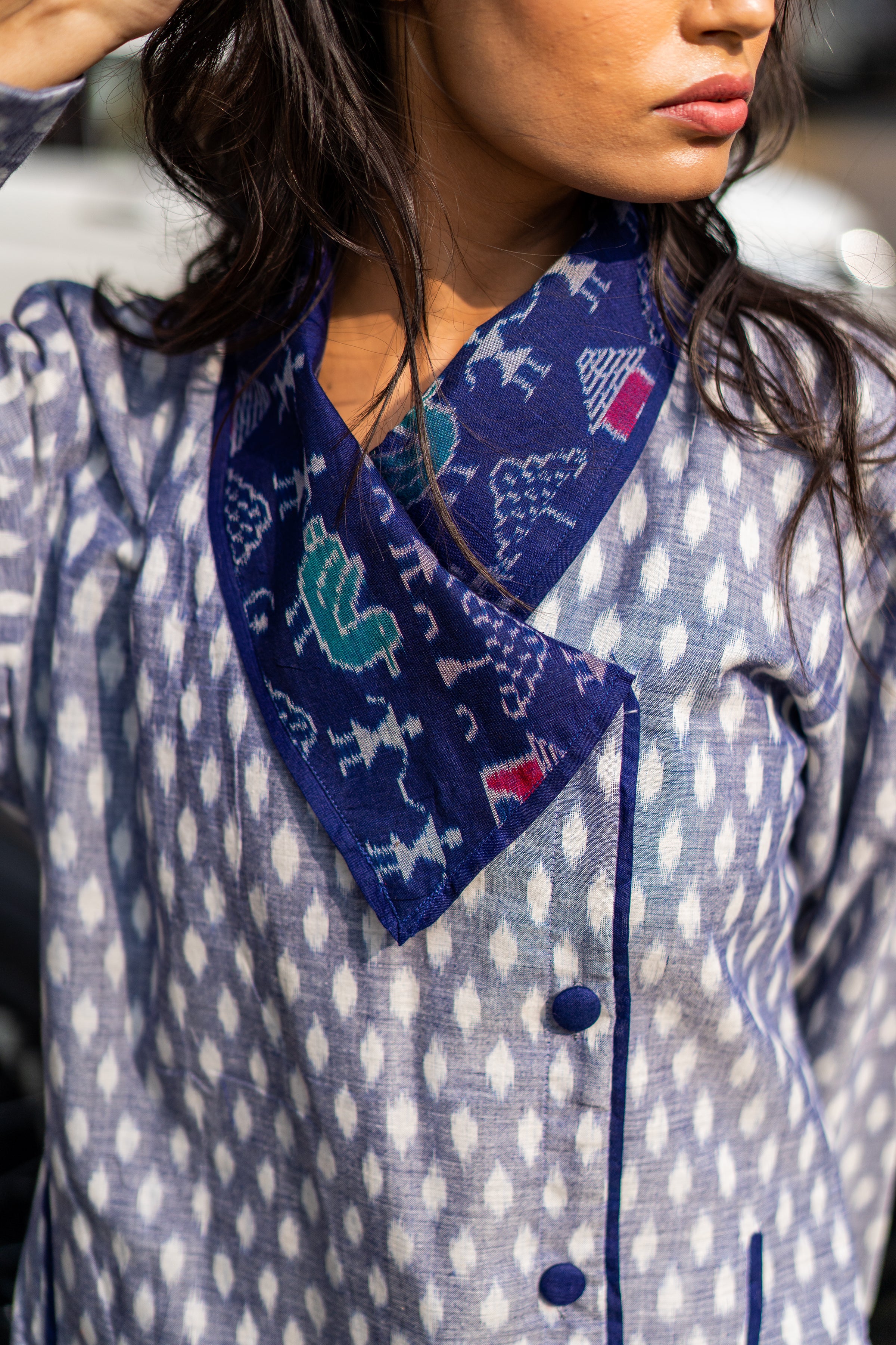 Blue Organic Cotton Ikat Printed Jacket by Krushnachuda with Blue, Handloom Cotton, Ikat Print, Jackets, Natural Dye, Organic, Regular Fit, Work Wear at Kamakhyaa for sustainable fashion
