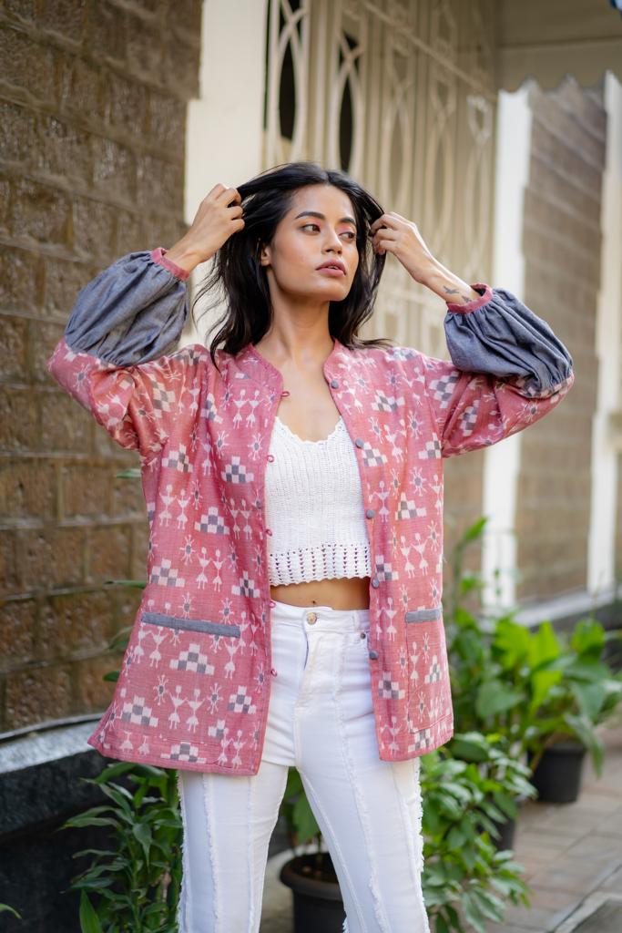 Pink Ikat Print Mandarin Collar Jacket by Krushnachuda with Handloom Cotton, Ikat Print, Jackets, Natural Dye, Organic, Pink, Regular Fit, Work Wear at Kamakhyaa for sustainable fashion