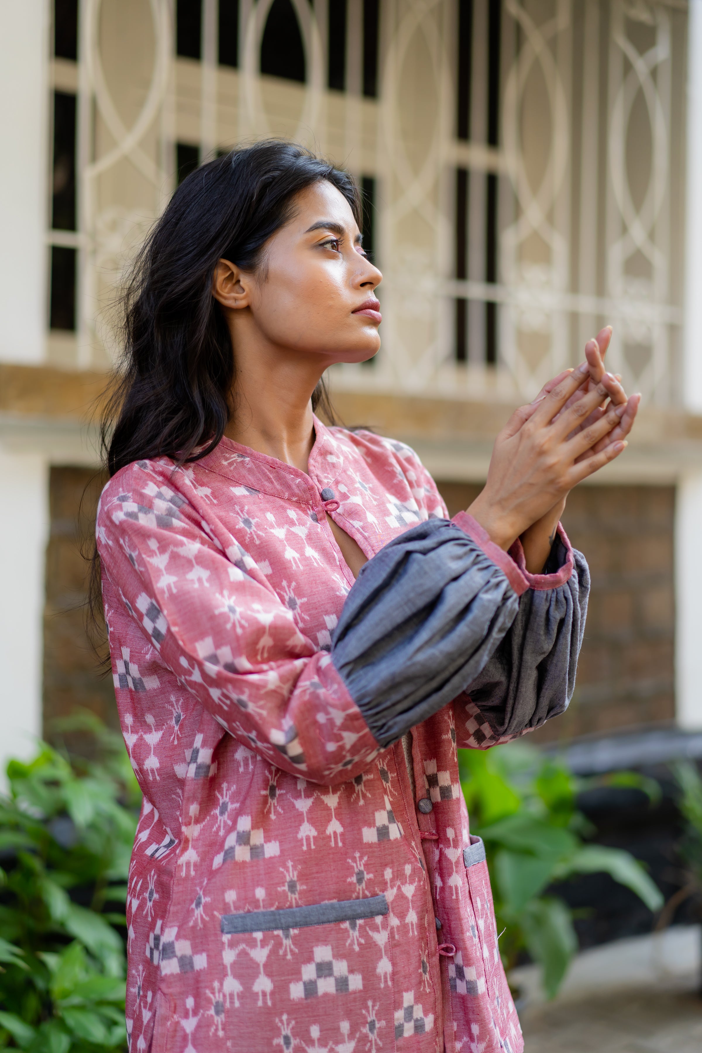 Pink Ikat Print Mandarin Collar Jacket by Krushnachuda with Handloom Cotton, Ikat Print, Jackets, Natural Dye, Organic, Pink, Regular Fit, Work Wear at Kamakhyaa for sustainable fashion