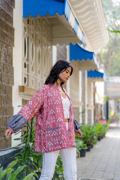 Pink Ikat Print Mandarin Collar Jacket by Krushnachuda with Handloom Cotton, Ikat Print, Jackets, Natural Dye, Organic, Pink, Regular Fit, Work Wear at Kamakhyaa for sustainable fashion