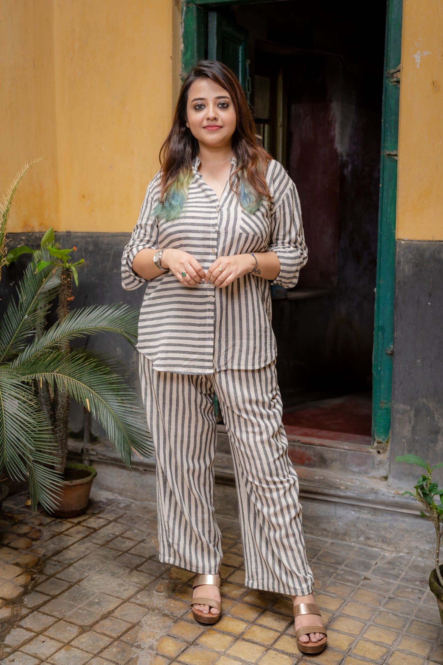 Grey Striped Casual Wear Shirt by Krushnachuda with Casual Wear, Grey, Handloom Cotton, Natural Dye, Organic, Regular Fit, Shirts, Stripes at Kamakhyaa for sustainable fashion