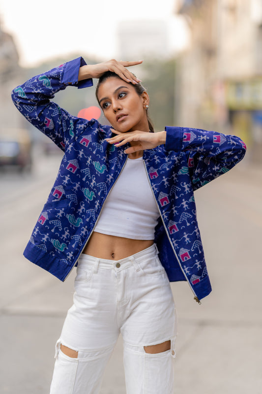 Indigo Blue Tribal Motifs Outer Wear Jacket by Krushnachuda with Blue, Handloom Cotton, Ikat Print, Jackets, Natural Dye, Organic, Outer Wear, Regular Fit at Kamakhyaa for sustainable fashion