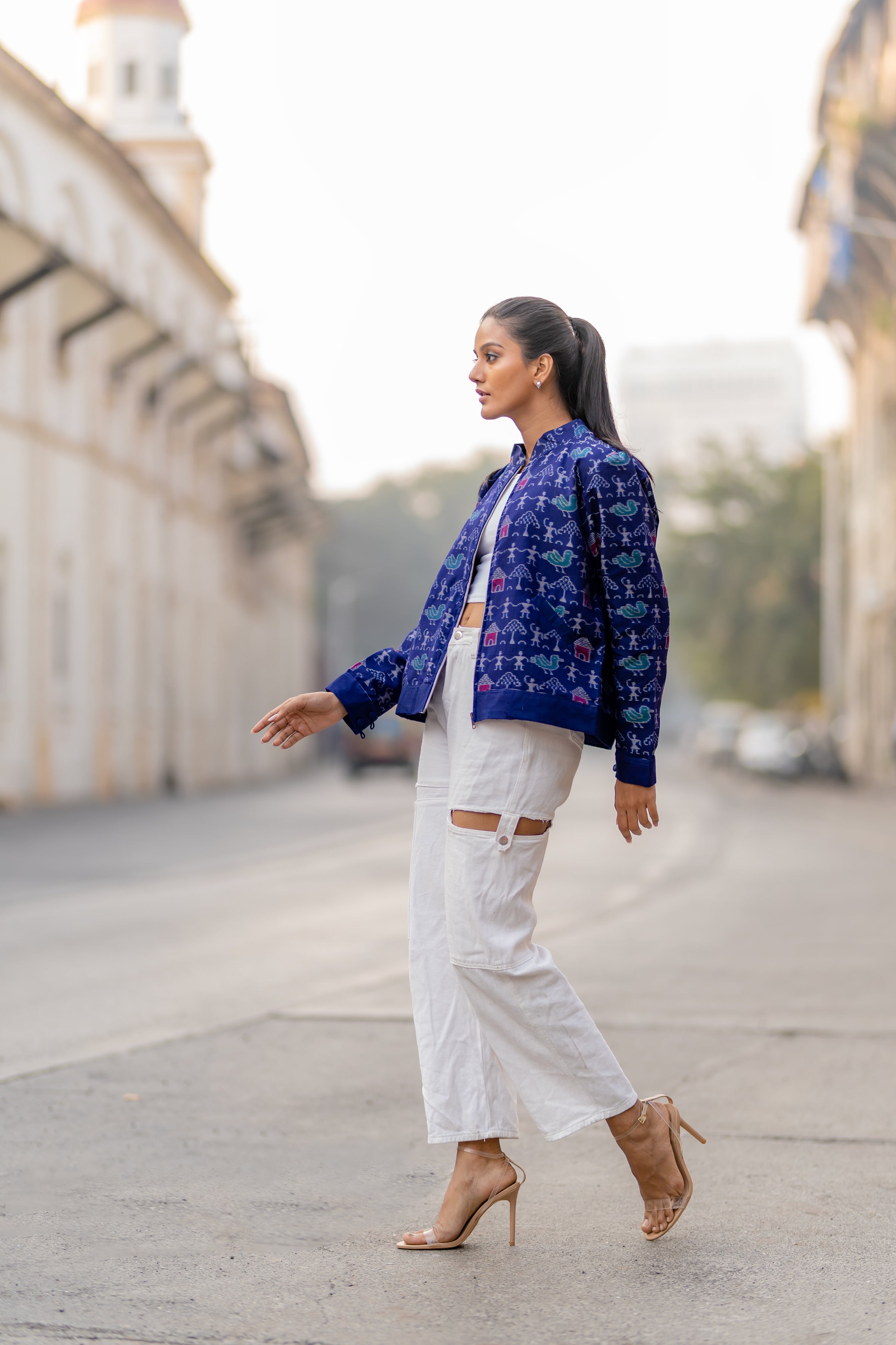 Indigo Blue Tribal Motifs Outer Wear Jacket by Krushnachuda with Blue, Handloom Cotton, Ikat Print, Jackets, Natural Dye, Organic, Outer Wear, Regular Fit at Kamakhyaa for sustainable fashion