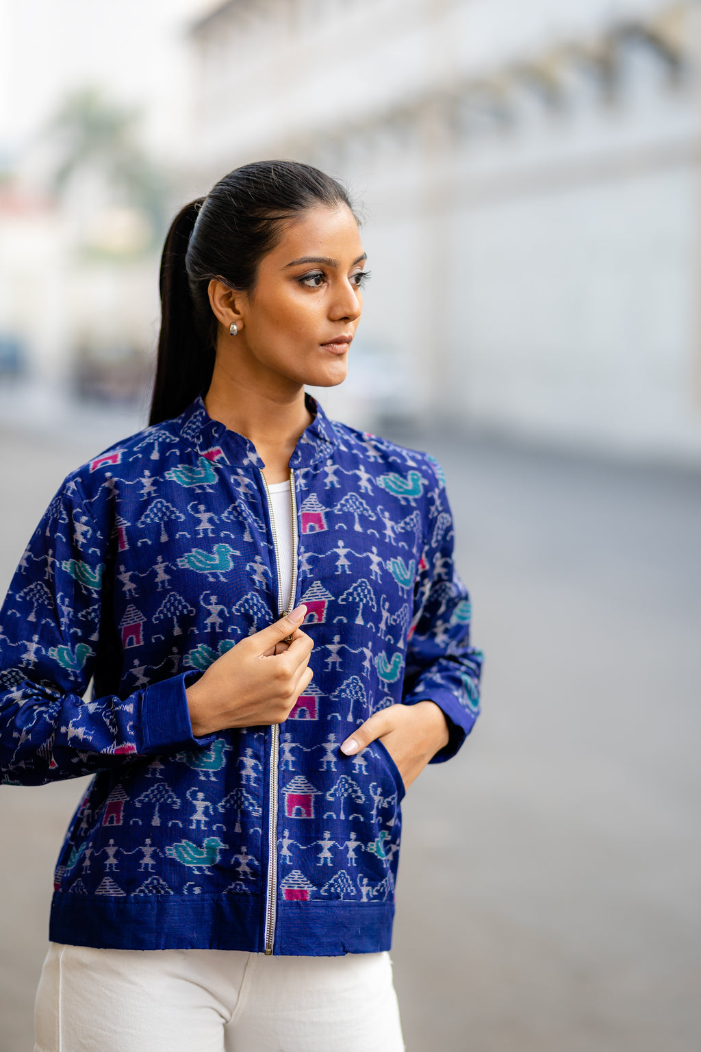 Indigo Blue Tribal Motifs Outer Wear Jacket by Krushnachuda with Blue, Handloom Cotton, Ikat Print, Jackets, Natural Dye, Organic, Outer Wear, Regular Fit at Kamakhyaa for sustainable fashion