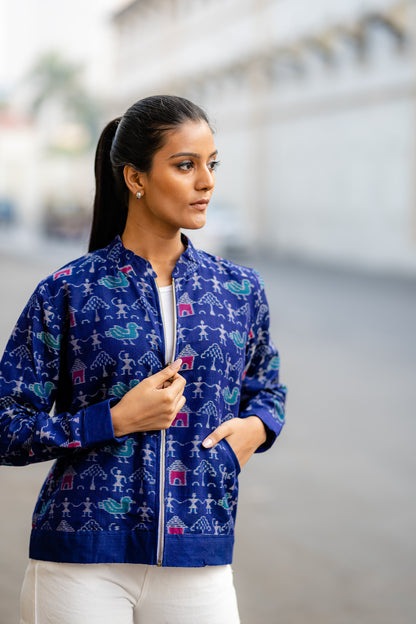 Indigo Blue Tribal Motifs Outer Wear Jacket by Krushnachuda with Blue, Handloom Cotton, Ikat Print, Jackets, Natural Dye, Organic, Outer Wear, Regular Fit at Kamakhyaa for sustainable fashion