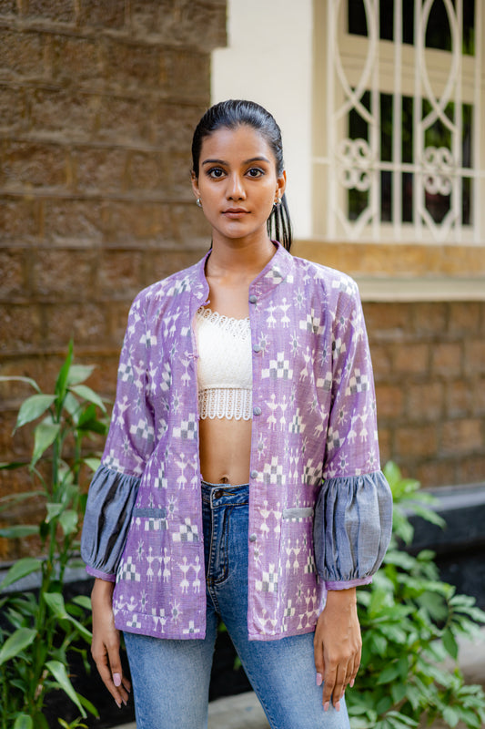Lavender Regular Fit Jacket with Juliet Sleeves by Krushnachuda with Handloom Cotton, Ikat Print, Jackets, Natural Dye, Organic, Purple, Regular Fit, Work Wear at Kamakhyaa for sustainable fashion