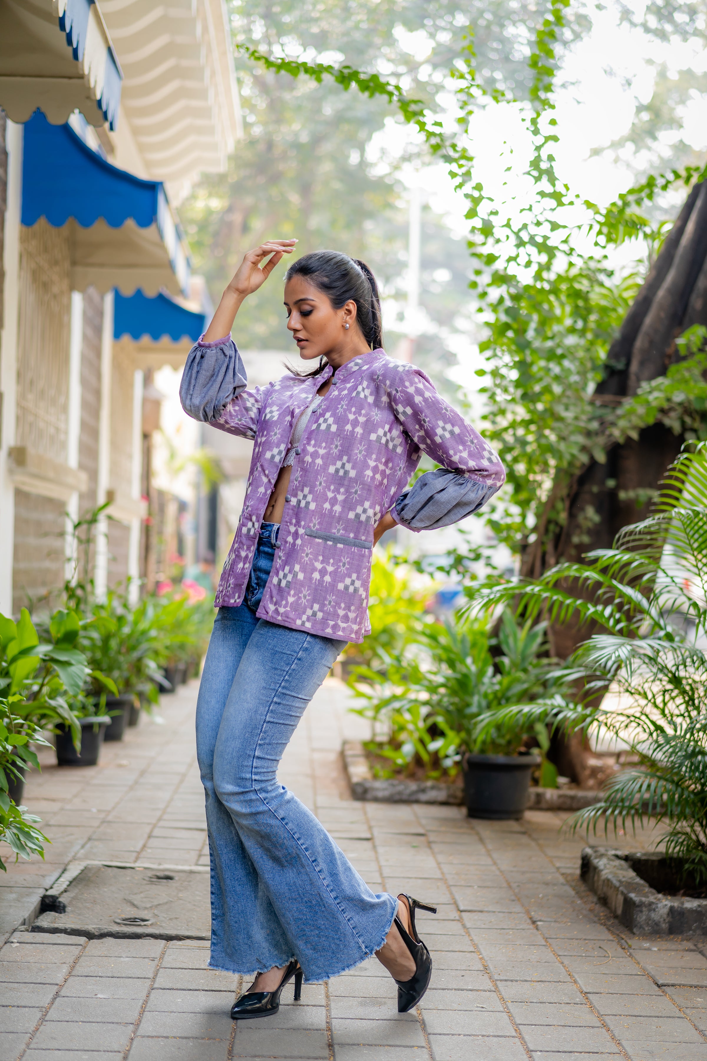 Lavender Regular Fit Jacket with Juliet Sleeves by Krushnachuda with Handloom Cotton, Ikat Print, Jackets, Natural Dye, Organic, Purple, Regular Fit, Work Wear at Kamakhyaa for sustainable fashion
