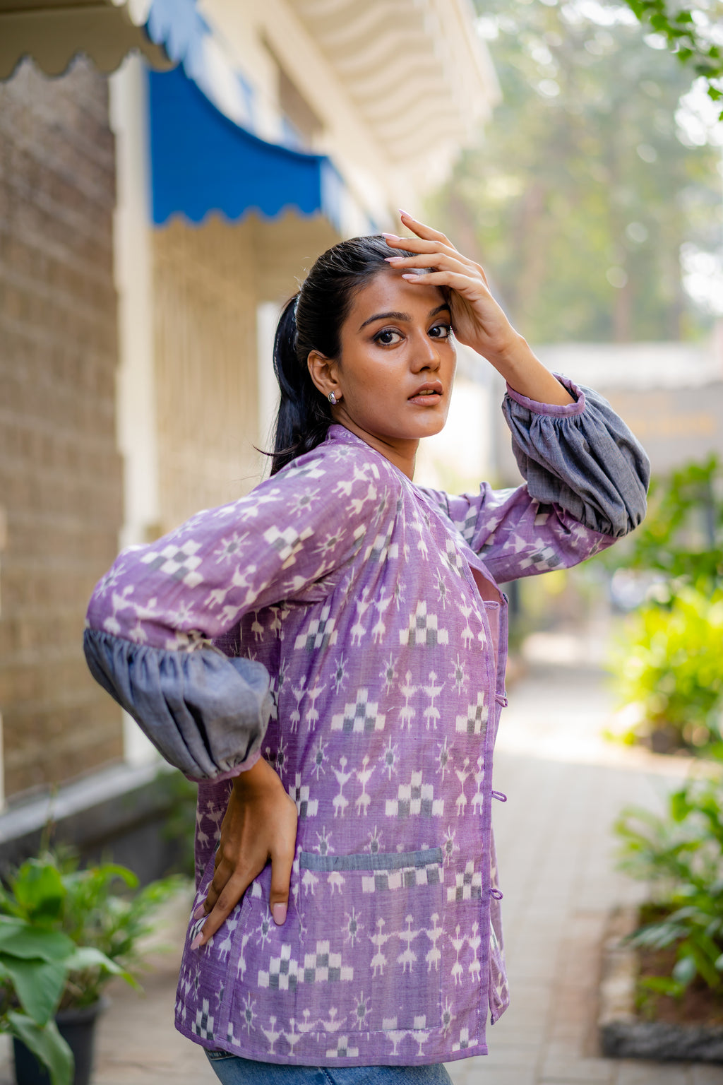 Lavender Regular Fit Jacket with Juliet Sleeves by Krushnachuda with Handloom Cotton, Ikat Print, Jackets, Natural Dye, Organic, Purple, Regular Fit, Work Wear at Kamakhyaa for sustainable fashion