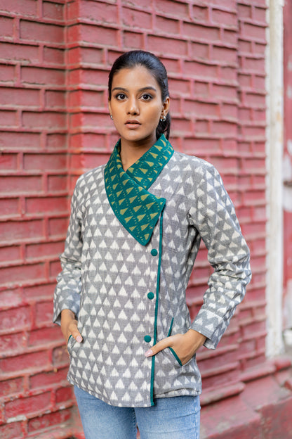 Grey Shawl Collar Work Wear Ikat Jacket by Krushnachuda with Grey, Handloom Cotton, Ikat Print, Jackets, Natural Dye, Organic, Regular Fit, Work Wear at Kamakhyaa for sustainable fashion