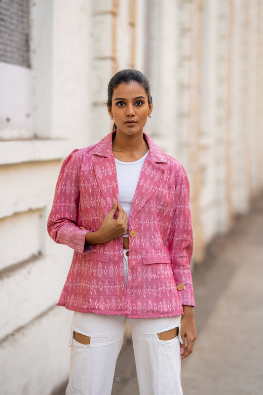 Pink Single Buttoned Handwoven Ikat Jacket by Krushnachuda with Handloom Cotton, Ikat Print, Jackets, Natural Dye, Organic, Outer Wear, Pink, Regular Fit at Kamakhyaa for sustainable fashion