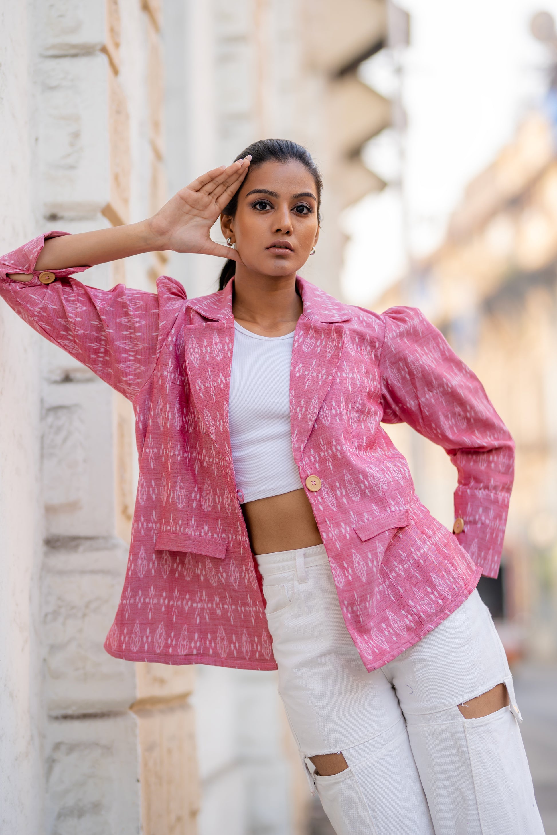 Pink Single Buttoned Handwoven Ikat Jacket by Krushnachuda with Handloom Cotton, Ikat Print, Jackets, Natural Dye, Organic, Outer Wear, Pink, Regular Fit at Kamakhyaa for sustainable fashion