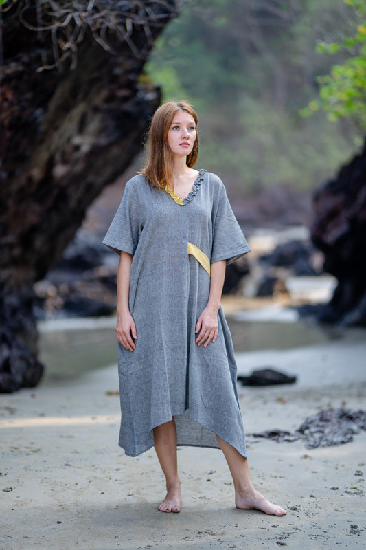 Grey Midi Handloom Free Size Dress by Krushnachuda with at Kamakhyaa for sustainable fashion