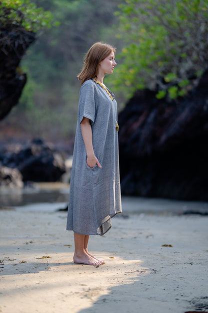 Grey Midi Handloom Free Size Dress by Krushnachuda with at Kamakhyaa for sustainable fashion