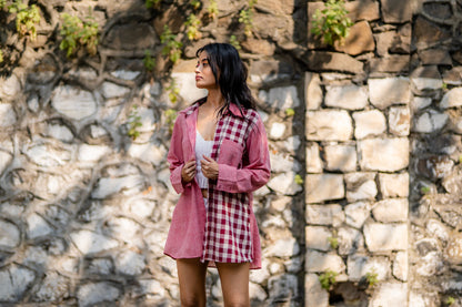 Pink Dual Tone Plaid Shirt with Front Pocket by Krushnachuda with Casual Wear, Checks, Handloom Cotton, Natural Dye, Organic, Pink, Regular Fit, Shirts at Kamakhyaa for sustainable fashion