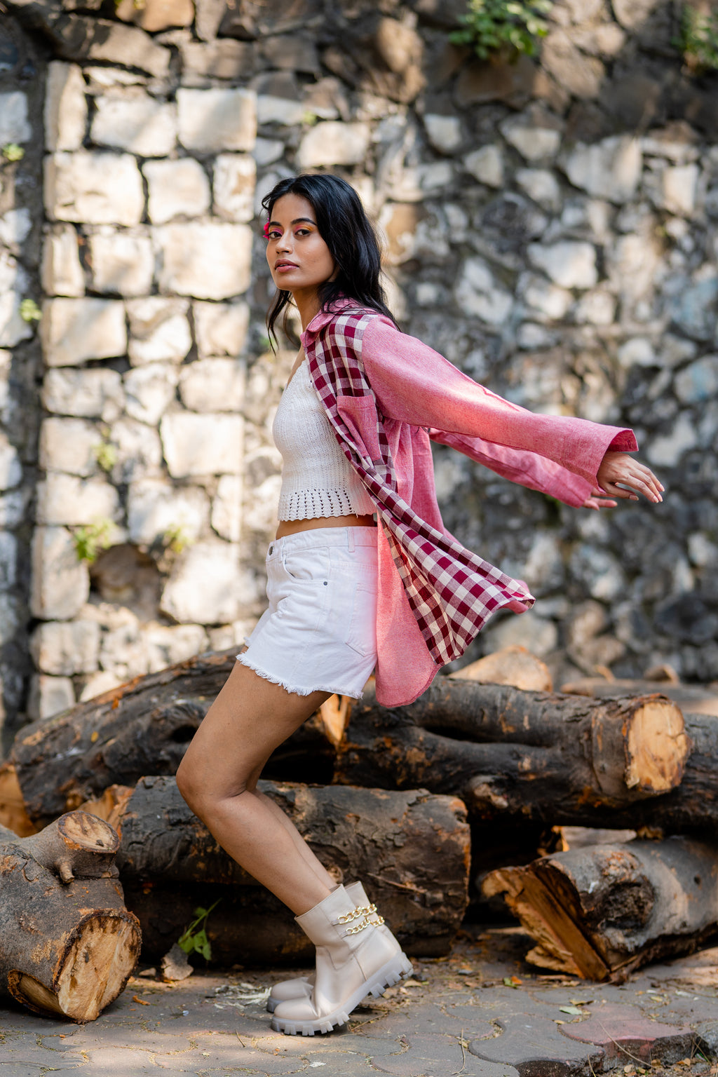 Pink Dual Tone Plaid Shirt with Front Pocket by Krushnachuda with Casual Wear, Checks, Handloom Cotton, Natural Dye, Organic, Pink, Regular Fit, Shirts at Kamakhyaa for sustainable fashion