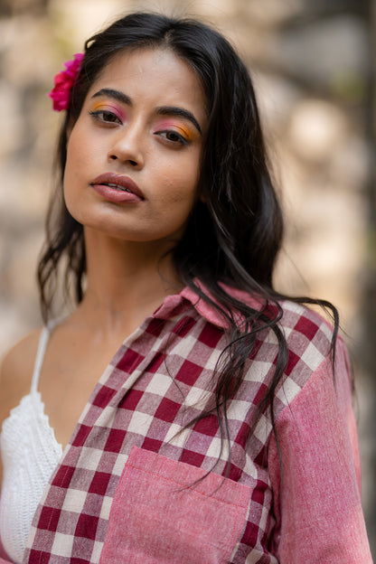 Pink Dual Tone Plaid Shirt with Front Pocket by Krushnachuda with Casual Wear, Checks, Handloom Cotton, Natural Dye, Organic, Pink, Regular Fit, Shirts at Kamakhyaa for sustainable fashion