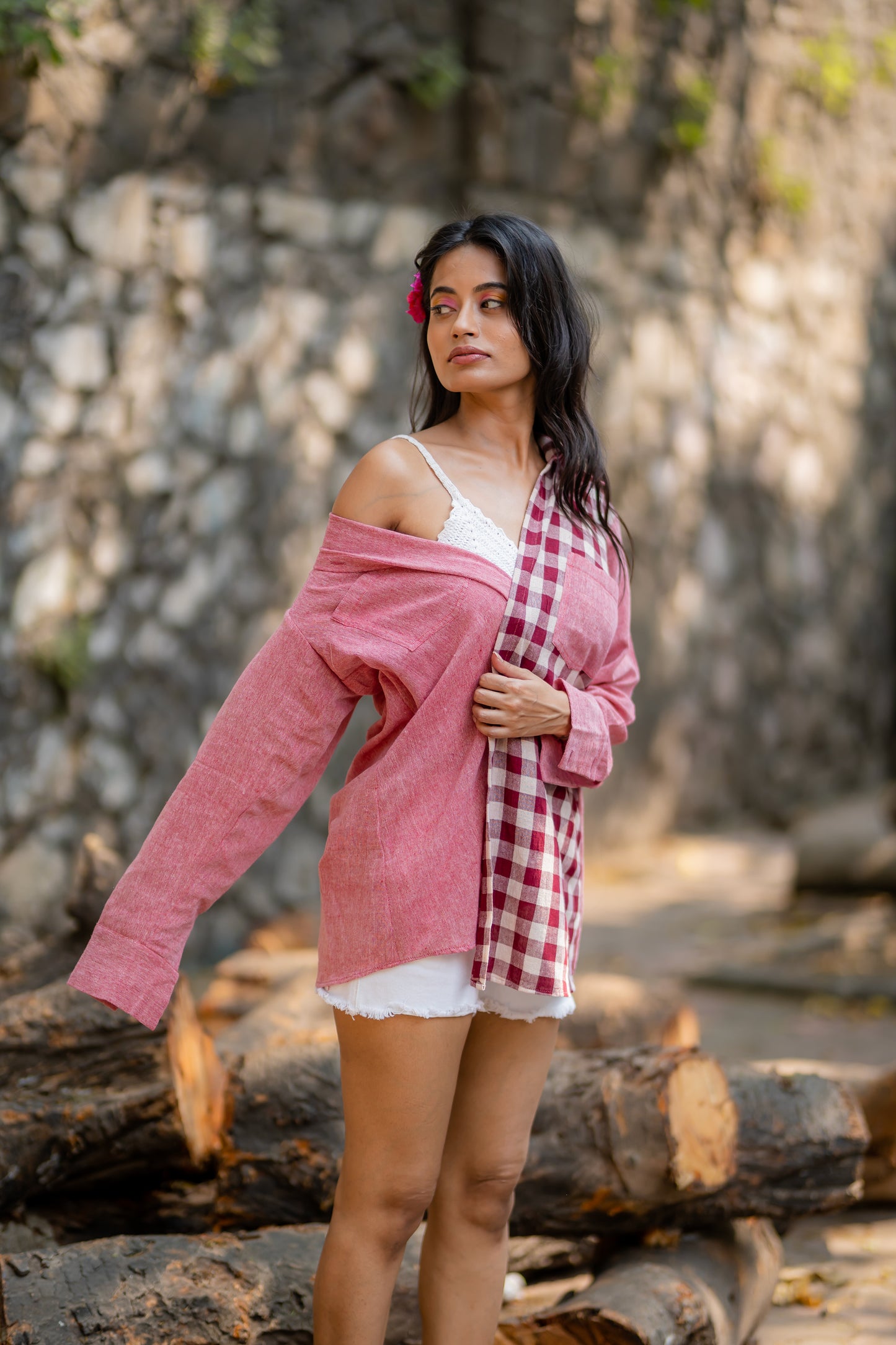 Pink Dual Tone Plaid Shirt with Front Pocket by Krushnachuda with Casual Wear, Checks, Handloom Cotton, Natural Dye, Organic, Pink, Regular Fit, Shirts at Kamakhyaa for sustainable fashion