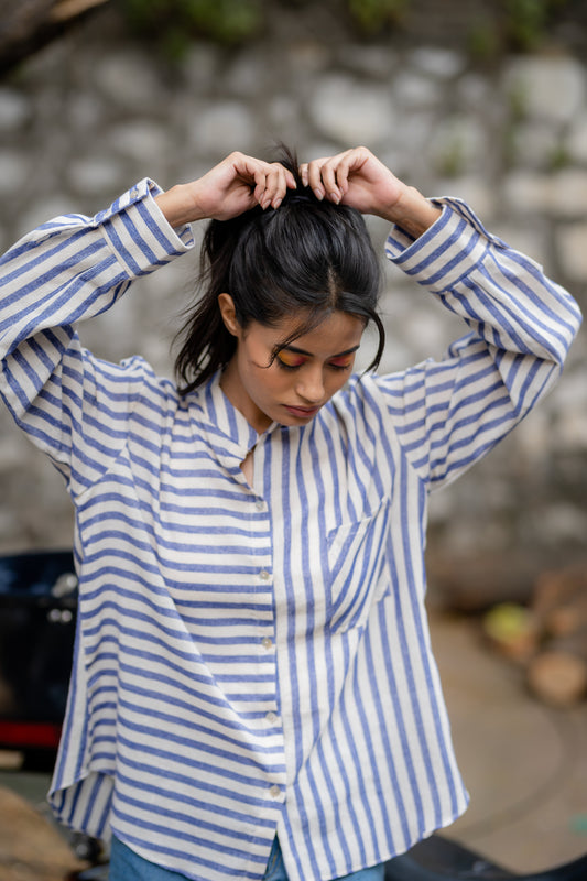Blue Striped Casual Wear Shirt by Krushnachuda with Blue, Casual Wear, Handloom Cotton, Natural Dye, Organic, Regular Fit, Shirts, Stripes at Kamakhyaa for sustainable fashion